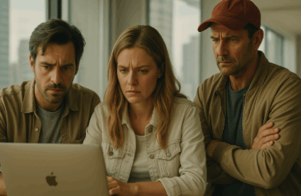 Three people looking seriously at a laptop screen in a bright room, representing concern and curiosity about online casino legality in Canada 2025