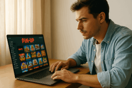 Young man playing on Pin-Up Casino from his laptop in a bright room with game thumbnails on screen, showing a safe and focused gaming setup in Canada 2025