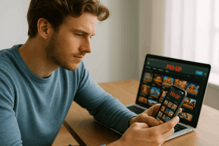 Young man in a bright room using smartphone and laptop to access Pin-Up Casino Canada 2025, focused on casino games interface in light modern setting