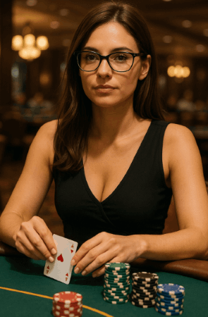 Professional woman in glasses sitting at a poker table in a Canadian casino with cards and chips, symbolizing expertise and trust in gaming